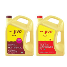Deals, Discounts & Offers on Lubricants & Oils - JIVO Kachi Ghani Chemical Free Mustard Oil 5 Litre with JIVO Chemical free sunflower Oil 5 Litre | Pack of 2 | Daily Cooking Oil, Recommended