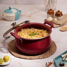 Deals, Discounts & Offers on Cookware - Cello Crown Induction Base Biryani Pot Glass lid 5 LTR,Maroon