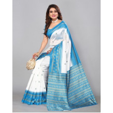 Deals, Discounts & Offers on  - SamahFloral Print, Geometric Print, Polka Print, Paisley, Printed Daily Wear Cotton Silk, Silk Blend Saree(White, Blue)