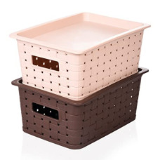 Deals and Offers on - Kuber Industries BPA Free Attractive Design Multipurpose Small Trendy Storage Basket With Lid|Material-Plastic|Color-Brown,Beige|Pack of 2 Deals, Discounts & Offers on - Kuber Industries BPA Free Attractive Design Multipurpose Small Trendy Storage Basket With Lid|Material-Plastic|Color-Brown,Beige|Pack of 2