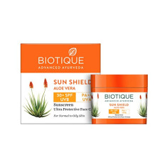 Deals, Discounts & Offers on  - Biotique Sun Shield Aloe Vera 30+ Spf UVB Sunscreen Ultra Protectective Face Cream For Normal Skin, 50G, Pack Of 1