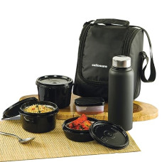 Deals, Discounts & Offers on  - CELLO Max Fresh All in One Lunch Box Set of 5 with Fabric Bag | 3 Plastic Containers with Steel Inner, 1 Pickle Box and 1 Steel Bottle | Microwave Safe | Full Meal and Easy to Carry