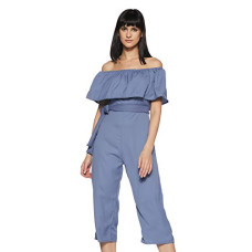 Deals, Discounts & Offers on Women - Miss Chase Women's Blue Off-Shoulder Ruffled Midi Jumpsuit