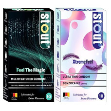 Deals, Discounts & Offers on Sexual Welness - Stout Delay Climax Condom Combo For men |Dotted|ribbed|Ultra Thin (Feel the magic + Xtremfeel) (Pack Of 2) 10s