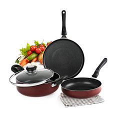 Deals, Discounts & Offers on Cookware - Cello Prima Induction Base Non-Stick Aluminium Pan Cookware Set, 3-Pieces, Cherry Red