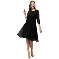 Deals, Discounts & Offers on Women - KERI PERRY Women's Black Georgette Solid Flared Knee Length Western Dress