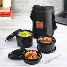 Deals, Discounts & Offers on  - CELLO Max Fresh Click Lunch Box Set with Bag, 3 Containers, 300ml, Black | Outer Plastic & Inner Stainless Steel Tiffin Box with Jacket | Leakproof Lunch Boxes | Ideal
