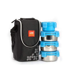 Deals, Discounts & Offers on  - CELLO Max Fresh Click Lunch Box Set with Bag, 4 Containers, 300 ml, Blue Outer Plastic & Inner Stainless Steel Tiffin Box with Jacket Leakproof Lunch Boxes Easy to Clean Ideal
