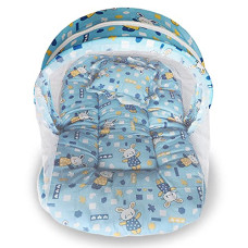 Deals, Discounts & Offers on Baby Care - BeyBee Superminis Multicolor Cartoon Prints Blue Base Design Bedding Set Thick Base, Foldable Mattress, Rectangular Shape Pillow and Zip Closure Mosquito Net (Blue)