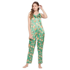 Deals, Discounts & Offers on Women - Clovia Women's Satin Pretty Florals Cami Top & Pyjama Set in Green