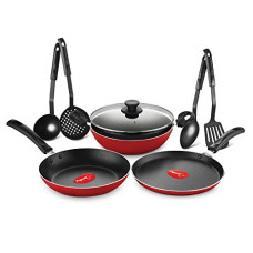 Deals, Discounts & Offers on Cookware - Pigeon by Stovekraft Mio Nonstick Aluminium Cookware Gift Set, Includes Nonstick Flat Tawa, Nonstick Fry Pan, Kitchen Tool Set, Kadai with Glass Lid, 8 Pieces Non-Induction Base Kitchen Set - Red