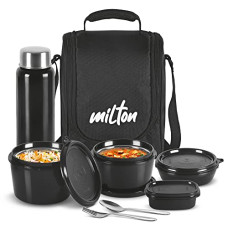 Deals, Discounts & Offers on  - Milton Pro Lunch Tiffin (3 Microwave Safe Inner Steel Containers, 180/320/450 ml; 1 Plastic Chutney Dabba,100 ml; 1 Aqua Steel Bottle, 750 ml, Steel Spoon and Fork) With Insulated Fabric Jacket, Black