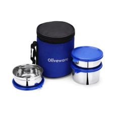 Deals, Discounts & Offers on  - Oliveware Lovely Stylo Lunch Box, Leak Proof & BPA Free Lid , 3 Stainless Steel Containers (2x290ml & 450ml), Fabric Jacket - Blue