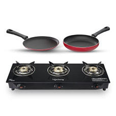Deals, Discounts & Offers on  - Lifelong LLCMBGS913 High Efficiency 3 Burner Auto Ignition Glass Top Gas stove For LPG use with Dosa Tawa and Fry Pan combo (Black)