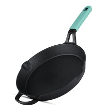 Deals, Discounts & Offers on Cookware - Bergner Elements Cast Iron 26 cm Fry Pan, Pre-Seasoned, For Searing/Browning/Caramelizing/Frying/Toasting, Teal Blue Silicone Handle, Induction & Gas ready, 7-Year Warranty