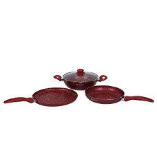 Deals, Discounts & Offers on Cookware - Wonderchef Garnet Non-Stick Cookware Set of 4 | Kadhai with Glass Lid 24cm, Fry Pan 24cm & Dosa Tawa 28cm | Induction Friendly cookware | Soft Touch Handle | Pure Grade Aluminium | PFOA Free | 2 Year Warranty | Red