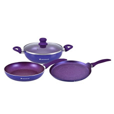 Deals, Discounts & Offers on Cookware - Wonderchef Blueberry Aluminium Non-Stick Cookware Set of 4 | Kadhai with Glass Lid 24cm, Fry Pan 24cm & Dosa Tawa 25cm | Induction Friendly Cookware | Soft Touch Handle | Pure Grade Aluminium | PFOA Free | 2 Year Warranty | Blue