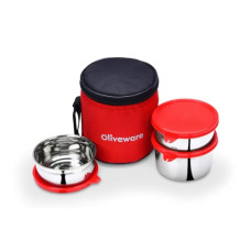Deals, Discounts & Offers on  - oliveware Lovely Stylo Lunch Box, Leak Proof & BPA Free Lid, 3 Stainless Steel Containers (2x290ml & 500ml), Fabric Jacket - Red