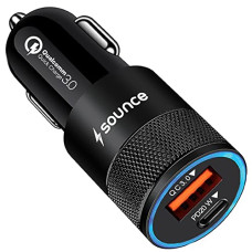 Deals, Discounts & Offers on Mobile Accessories - Sounce 38W Car Charger Type-C 20W PD & 18W 3.0 Qualcomm Certified Dual USB Car Charger Compatible with All Smartphones & Tablets (Black)