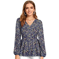 Deals, Discounts & Offers on Women - KERI PERRY Women's Dark Blue Imported Crepe Floral Print Peplum Western Top | Summer Top | Western Top | Top