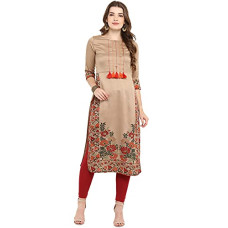 Deals, Discounts & Offers on Women - Janasya Women's Beige Poly Silk Floral Print Straight Kurta