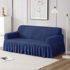 Deals, Discounts & Offers on  - Cortina Elastic Stretchable Universal Sofa Cover with Skirt, Three Seater (180-260 Centimeters), Navy Blue