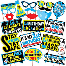 Deals, Discounts & Offers on  - Wobbox Quarantine 1st Birthday Photo Booth Party Props DIY Kit, Blue Colour, Quarantine Birthday Decoration