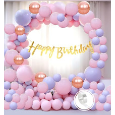Deals, Discounts & Offers on  - Flyloons Purple Pink birthday decoration items for Girls Kids baby 61pcs Set , Golden Glitter happy birthday banner , Pastel and Rose Gold Chrome Balloons , Arch Tape
