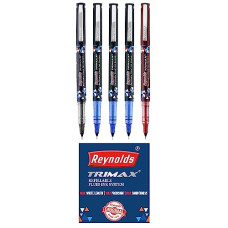 Deals, Discounts & Offers on Electronics - Reynolds TRIMAX 5 COUNT POUCH, 3 BLUE, 1 BLACK, 1 RED | Roller Ball Point Pen set With Comfortable Grip | Pens For Writing | School and Office Stationery | 0.5mm Tip