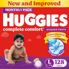 Deals, Discounts & Offers on  - Huggies Complete Comfort Wonder Pants Large (L) Size (9-14 Kgs) Baby Diaper Pants, 128 count| India's Fastest Absorbing Diaper with upto 4x faster absorption | Unique Dry Xpert Channel