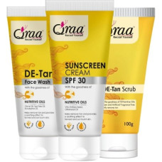 Deals, Discounts & Offers on  - Qraa De Tan Combo Pack | Scrub 100gm, Face Wash 100gm & Sunscreen Cream SPF 30 100gm |Helps In Tan Removal & Dirt|(3 Items in the set)