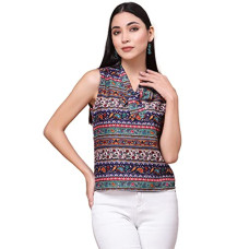 Deals, Discounts & Offers on Women - OOMPH! Women's Crepe Printed Relaxed Fit Top With Tie Neck And Sleeveless
