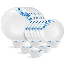 Deals, Discounts & Offers on  - Cello Opalware Dazzle Series Blue Swirl Dinner Set, 18 Units | Opal Glass Dinner Set for 6 | Light-Weight, Daily Use Crockery Set