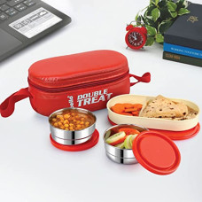 Deals, Discounts & Offers on  - CELLO Double Treat Lunch Box with Jacket, 3 Container, (2 Units Round Container - 300 ml, 1 Unit Oval Container), Red (Stainless Steel;Plastic)