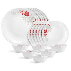 Deals, Discounts & Offers on  - Cello Opalware Dazzle Series Scarlet Bliss Dinner Set, 18 Units | Opal Glass Dinner Set for 6 | Light-Weight, Daily Use Crockery Set