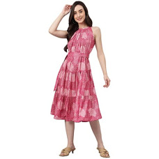 Deals, Discounts & Offers on Women - Janasya Women's Pink Crepe Digital Print Tiered Knee-Length Western Dress