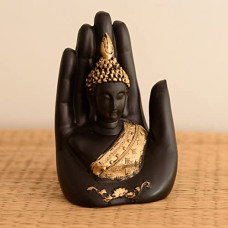 Deals, Discounts & Offers on  - eCraftIndia Golden Handcrafted Palm Buddha Polyresin Showpiece (12.5 cm x 7.5 cm x 17.5 cm, Black)