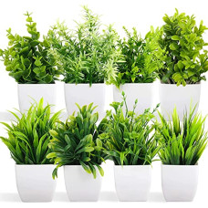 Deals, Discounts & Offers on  - Dekorly Artificial Potted Plants, 8 Pack Artificial Plastic Eucalyptus Plants Small Indoor Potted Houseplants, Small Faux Plants