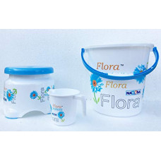 Deals, Discounts & Offers on  - Nayasa Flora Bathroom Bucket,Stool and Mug Set (20 L,White/Blue, 3-Pieces)