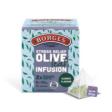 Deals, Discounts & Offers on  - Borges Stress Relief Olive Leaf Classic Infusion Tea| 2X Antioxidants Than Green Tea, No Caffeine, No Added Flavour - 10 Herbal Bags Of Classic Infusion, 15 grams, Pack of 1