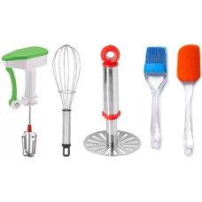 Deals, Discounts & Offers on  - OMORTEX Daily Kitchen Use Combo of Powerfree Blender Stainless Steel Bhaji Masher Whisk Spatula & Brush (Pack of 5) Kitchen Tool Set