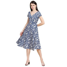Deals, Discounts & Offers on Women - KERI PERRY Blue & White Polyester Botanical Print Fit & Flared Western Dress for Women | A line Dress | Summer Dress | Western Dress | Knee-Length Dress | Trendy Dress