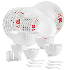 Deals, Discounts & Offers on  - Cello Opalware Dazzle Series Scarlet Bliss Dinner Set, 35 Units | Opal Glass Dinner Set for 6 | Light-Weight, Daily Use Crockery Set