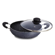 Deals, Discounts & Offers on Cookware - Amazon Brand - Solimo Non-Stick Kadai with Glass Lid | Granite Finish | Induction Base | PFOA Free | High Temperature Resistant Exterior Coating | 22 cm | Grey