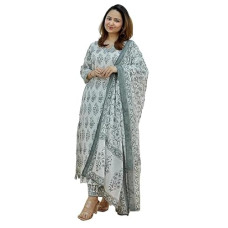 Deals, Discounts & Offers on Women - Women's Cotton Blend Printed Kurta Pant With Dupatta Set_RKDS_1017_Grey_