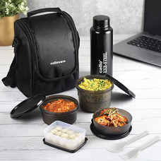 Deals, Discounts & Offers on  - CELLO Max Fresh All in One Lunch Box Set of 5 with Fabric Bag | 3 Plastic Containers, 1 Pickle Box and 1 Steel Bottle | Microwave Safe | Full Meal and Easy to Carry, Black