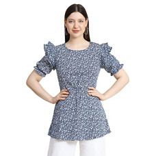 Deals, Discounts & Offers on Women - [Sizes XS, S, M, L, XL] KERI PERRY Women's Indo-Western Polyester A-line Round Neck Printed Half Sleeve Regular Fit Top