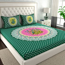 Deals, Discounts & Offers on  - La Verne104 TC 100% Cotton Jaipuri Rjasathani Hand Print Bedsheet with 2 Pillow Covers (L.Green)