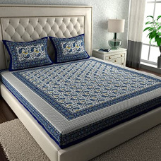 Deals, Discounts & Offers on  - La Verne104 TC 100% Cotton Jaipuri Rjasathani Hand Print Bedsheet with 2 Pillow Covers (Blue)