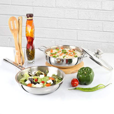 Deals, Discounts & Offers on Cookware - Cello Steelox Induction Compatible Stainless Steel Fry Pan & Kadai with Glass Lid 22 cm/2Ltrs (3 pcs Set)
